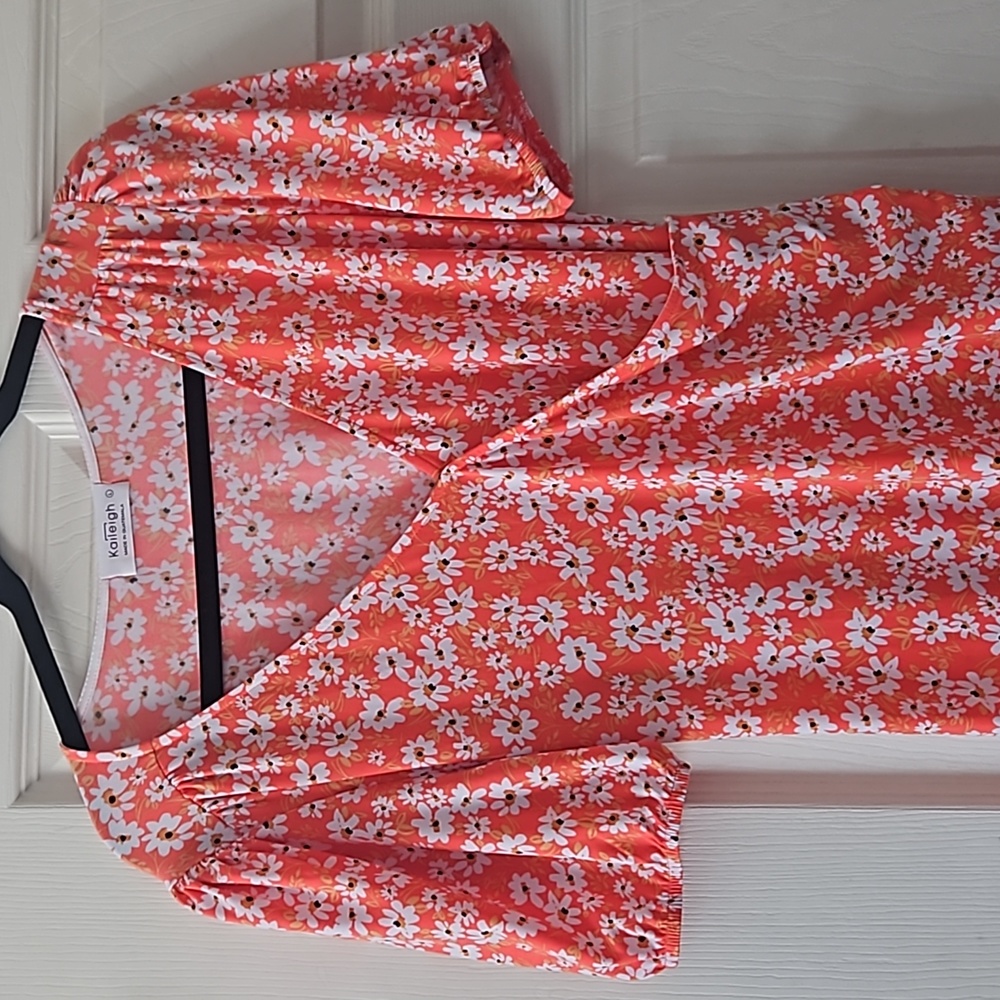 NWOT Kaileigh Womens Orange Floral Print Puff Sleeve Dress Size Large